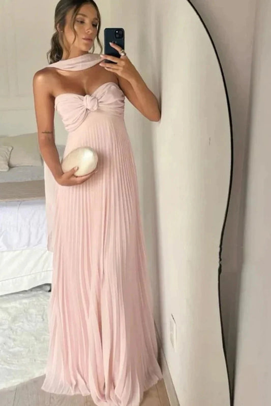 Elegant A-Line Sweetheart Sleeveless Pleated Bow Front Chiffon Blushing Pink Floor-Length Prom Dress