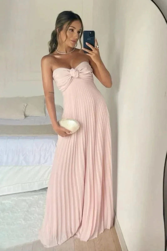 Elegant A-Line Sweetheart Sleeveless Pleated Bow Front Chiffon Blushing Pink Floor-Length Prom Dress