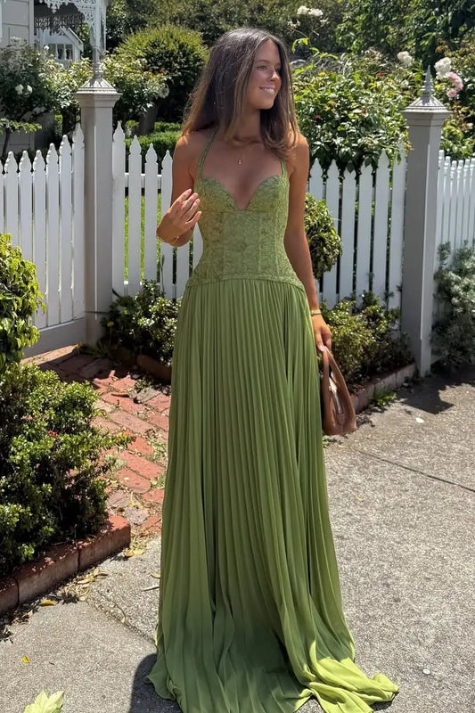 Elegant A-Line Sweetheart Sleeveless Pleated Corset Chiffon Sage Floor-Length Prom Dress