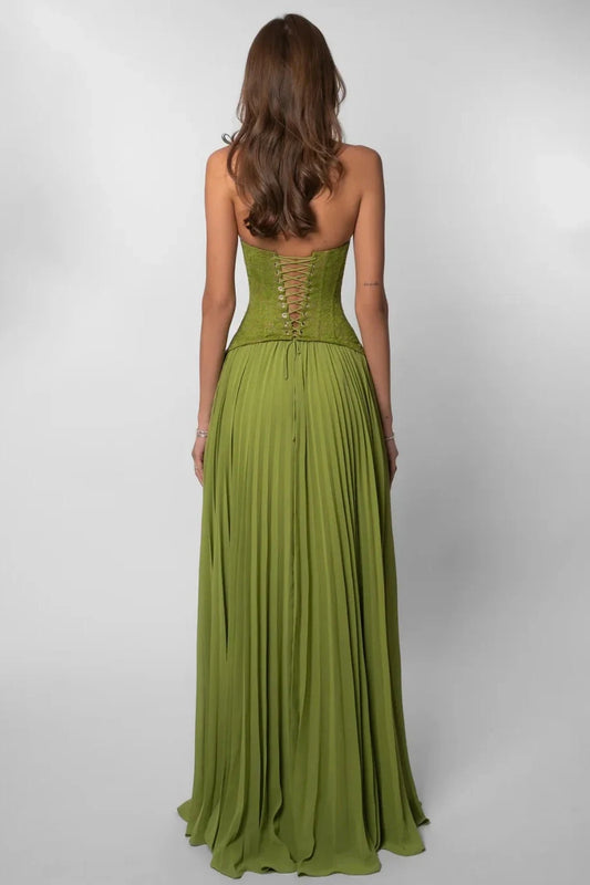 Elegant A-Line Sweetheart Sleeveless Pleated Corset Chiffon Sage Floor-Length Prom Dress