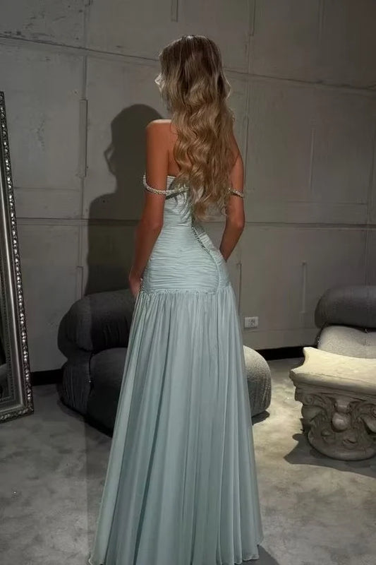 Elegant A-Line Sweetheart Sleeveless Ruched Bodice Beaded Chiffon Spa Floor-Length Prom Dress