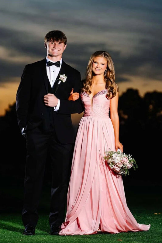 Elegant A-Line Sweetheart Sleeveless Ruched Bodice Embellished Chiffon Blushing Pink Floor-Length Prom Dress
