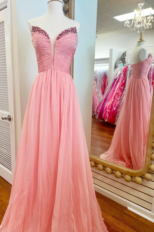 Elegant A-Line Sweetheart Sleeveless Ruched Bodice Embellished Chiffon Blushing Pink Floor-Length Prom Dress