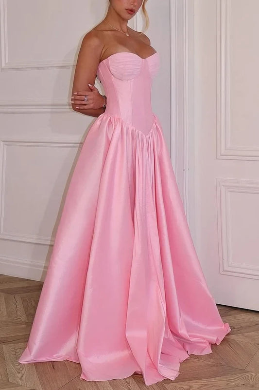 Elegant A-Line Sweetheart Sleeveless Ruched Bodice Satin Floor-Length Prom Dress
