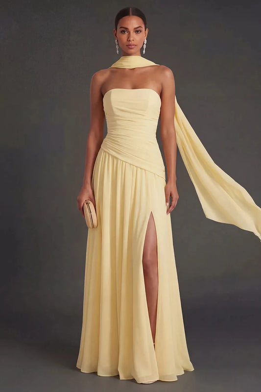 Elegant A-Line Sweetheart Sleeveless Ruched Slit Chiffon Daffodil Floor-Length Prom Dress