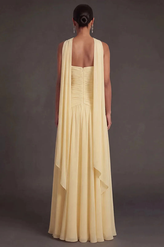 Elegant A-Line Sweetheart Sleeveless Ruched Slit Chiffon Daffodil Floor-Length Prom Dress