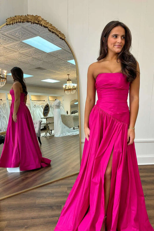 Elegant A-Line Sweetheart Sleeveless Ruched Slit Satin Fuchsia Floor-Length Prom Dress