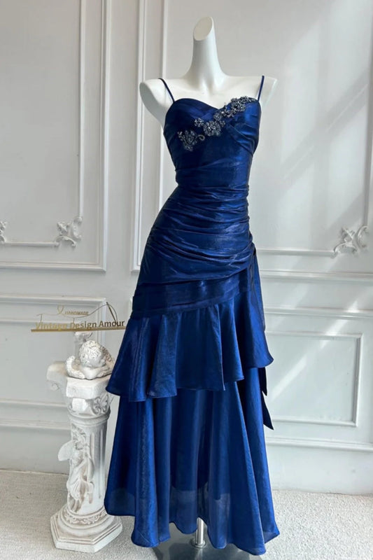 Elegant A-Line Sweetheart Sleeveless Ruched Tiered Embellished Satin Navy Blue Floor-Length Prom Dress