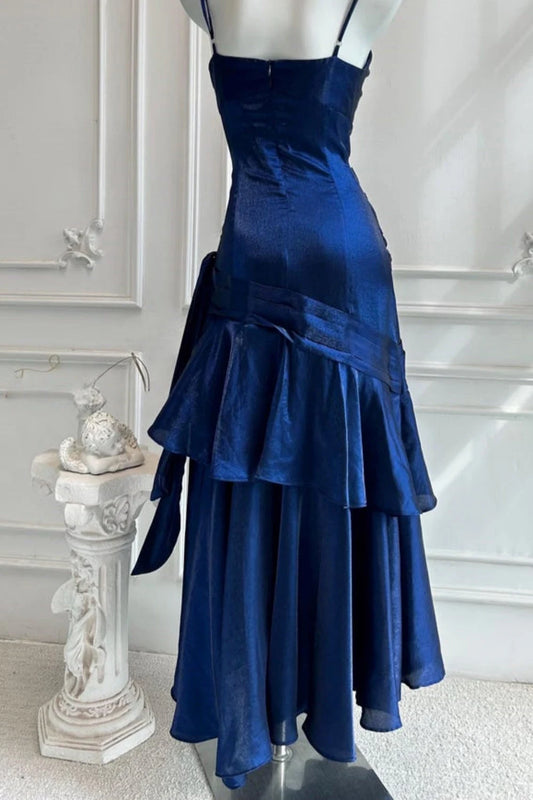 Elegant A-Line Sweetheart Sleeveless Ruched Tiered Embellished Satin Navy Blue Floor-Length Prom Dress