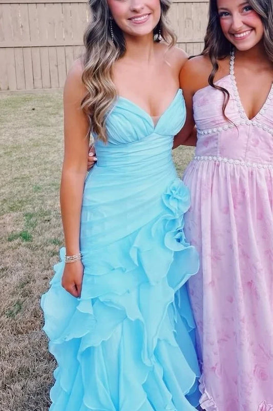 Elegant A-Line Sweetheart Sleeveless Ruffled High Slit Sky Blue Floor-Length Prom Dress
