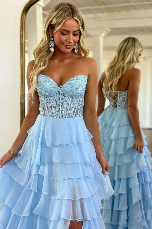 Elegant A-Line Sweetheart Sleeveless Ruffled Tiered Slit Chiffon Lace Sky Blue Floor-Length Prom Dress