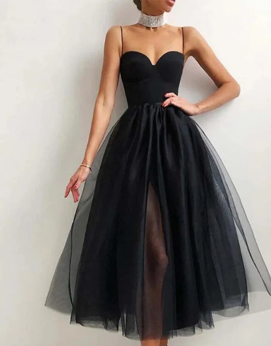 Elegant A-Line Sweetheart Sleeveless Slit Tulle Black Tea-Length Evening Dress