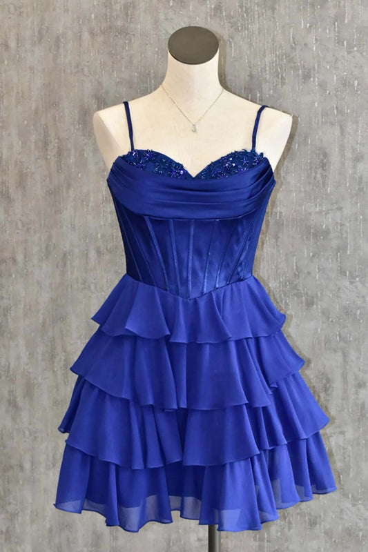 Elegant A-Line Sweetheart Sleeveless Tiered Chiffon Royal Blue Short Prom Dress