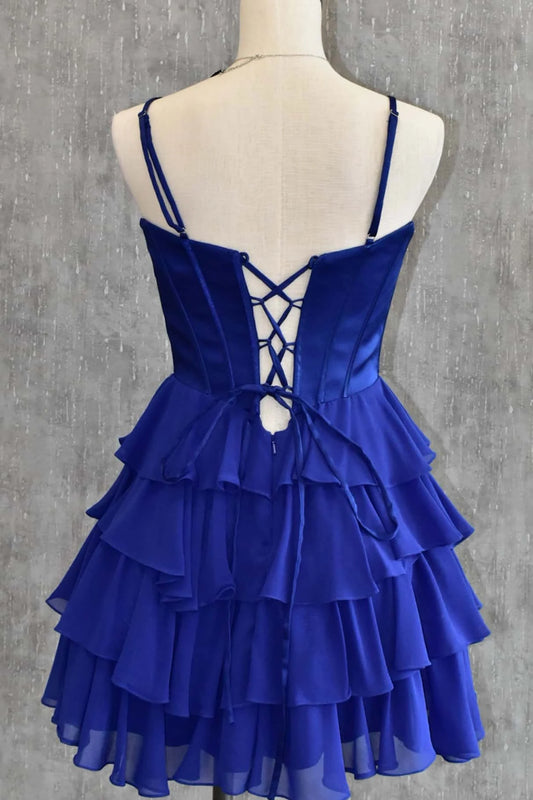 Elegant A-Line Sweetheart Sleeveless Tiered Chiffon Royal Blue Short Prom Dress