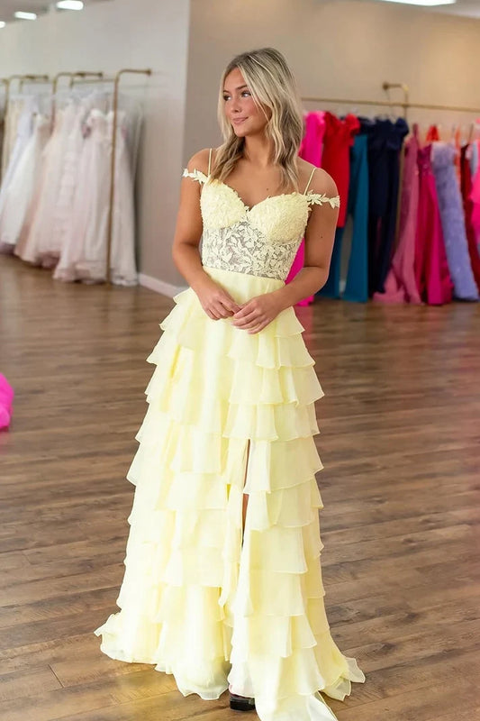 Elegant A-Line Sweetheart Sleeveless Tiered Lace Chiffon Floor-Length Prom Dress