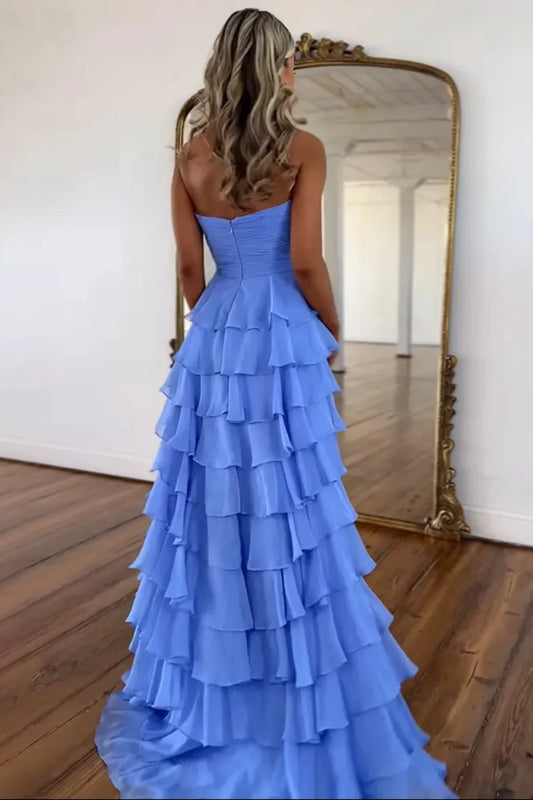 Charming A-Line Sweetheart Sleeveless Tiered Ruffle Slit Chiffon Blue Floor-Length Prom Dress