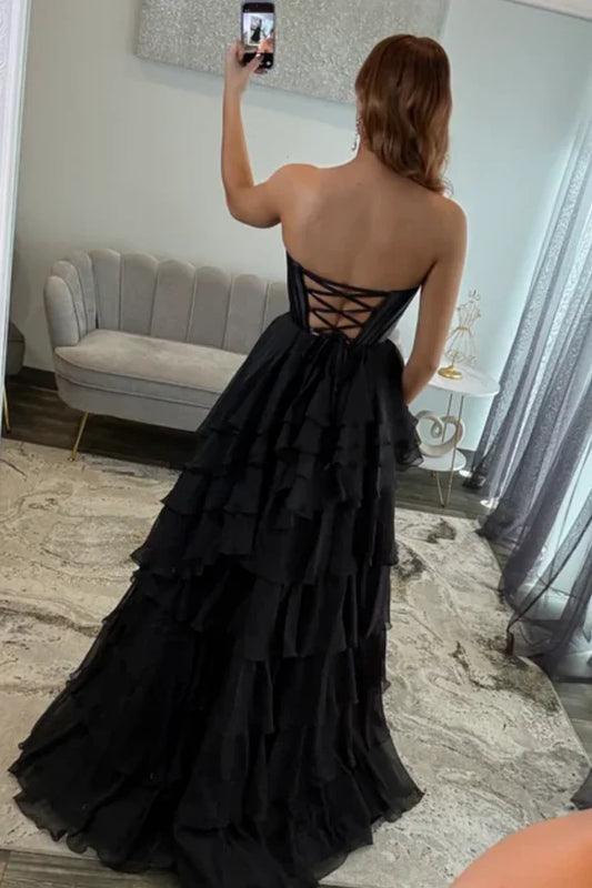 Elegant A-Line Sweetheart Sleeveless Tiered Ruffles High Slit Black Floor-Length Prom Dress