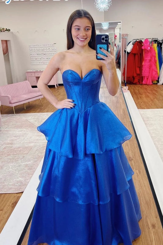 Elegant A-Line Sweetheart Sleeveless Tiered Skirt Organza Royal Blue Floor-Length Prom Dress