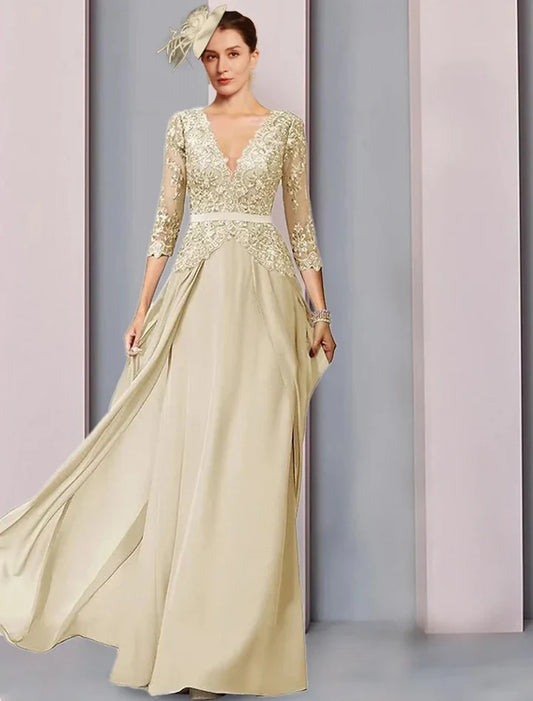 Elegant A-Line V-Neck 3/4 Sleeve Lace Bodice Chiffon Floor-Length Mother of the Bride Dress