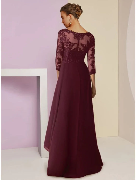 Elegant A-Line V-Neck 3/4 Sleeve Lace Chiffon High Low Mother of the Bride Dress