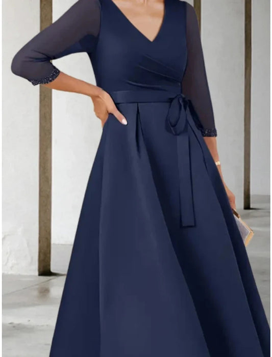 Elegant A-Line V-Neck 3/4 sleeves Navy Blue Tea-Length Mother of the Bride Dress