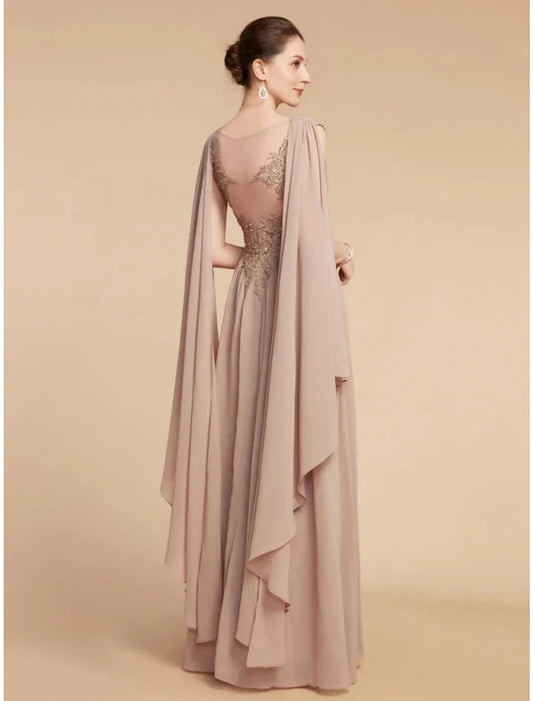 Elegant A-Line V-Neck Beaded Bodice Cape Chiffon Floor-Length Mother of the Bride Dress