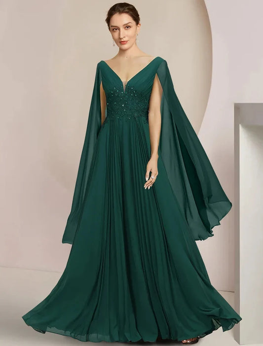 Elegant A-Line V-Neck Embellished Bodice Cape Chiffon Floor-Length Mother of the Bride Dress