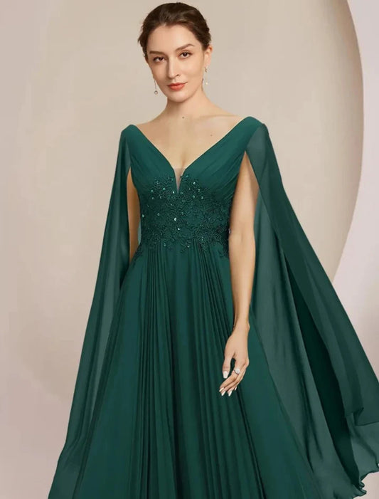 Elegant A-Line V-Neck Embellished Bodice Cape Chiffon Floor-Length Mother of the Bride Dress