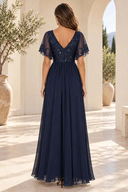 Elegant A-Line V-Neck Flutter Sleeve Sequined Bodice Chiffon Navy Blue Floor-Length Evening Gown