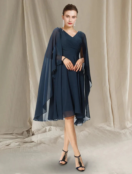 Elegant A-Line V-Neck Flutter Sleeves Ruched Bodice Chiffon Knee-Length Mother of the Bride Dress