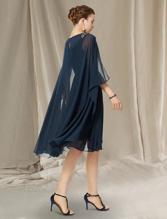 Elegant A-Line V-Neck Flutter Sleeves Ruched Bodice Chiffon Knee-Length Mother of the Bride Dress