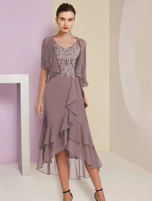 Elegant A-Line V-Neck Half Sleeve Lace Chiffon High Low Mother of the Bride Dress