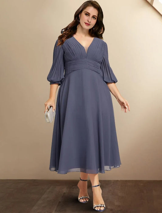 Elegant A-Line V-Neck Half Sleeve Pleated Bodice Chiffon Tea-Length Mother of the Bride Dress