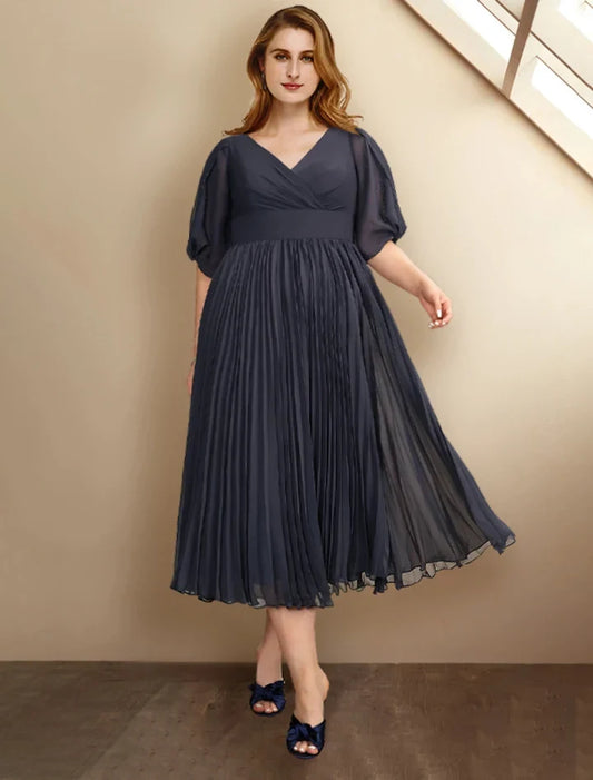 Elegant A-Line V-Neck Half Sleeve Pleated Chiffon Tea-Length Mother of the Bride Dress