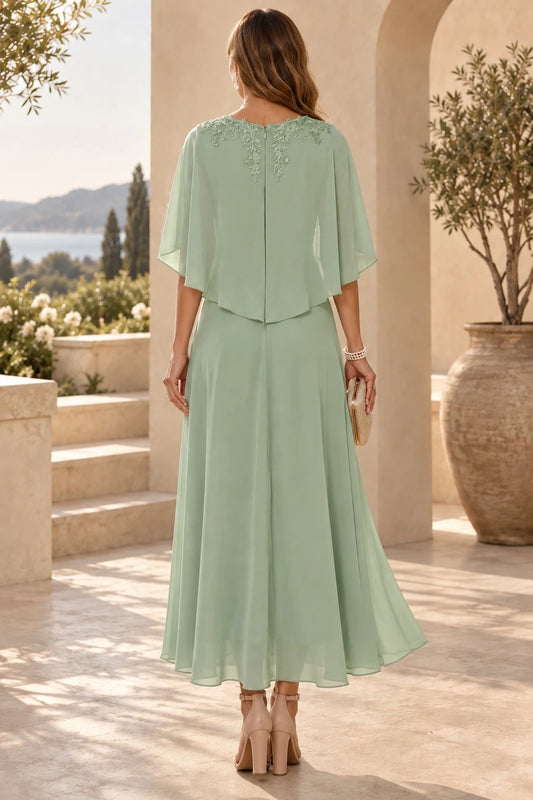 Elegant A-Line V-Neck Half Sleeve Ruched Bodice Chiffon Sage High Low Evening Dress
