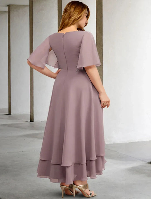 Elegant A-Line V-Neck Half Sleeve Ruched Chiffon High Low Mother of the Bride Dress