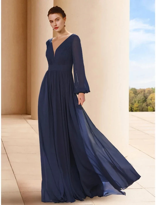 Elegant A-Line V-Neck Long Sleeve Pleated Chiffon Floor-Length Mother of the Bride Dress