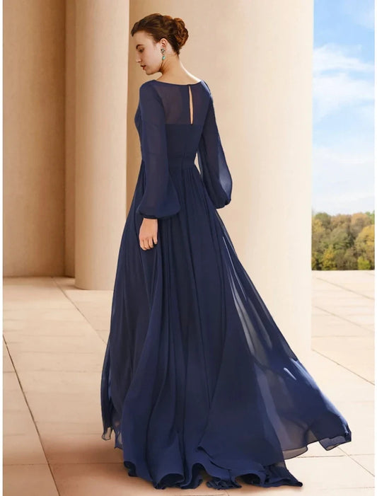 Elegant A-Line V-Neck Long Sleeve Pleated Chiffon Floor-Length Mother of the Bride Dress