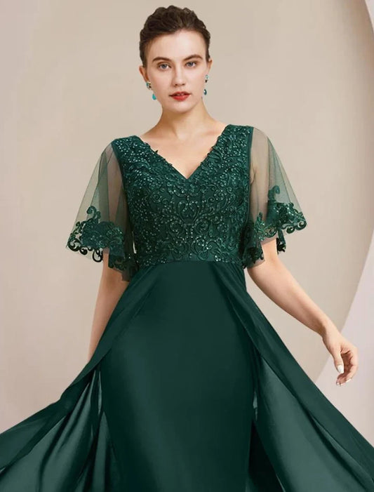 Elegant A-Line V-Neck Short Sleeve Chiffon Dark Green Floor-Length Mother of the Bride Dress
