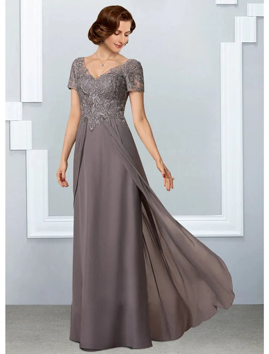 Elegant A-Line V-Neck Short Sleeve Lace Bodice Chiffon Floor-Length Mother of the Bride Dress