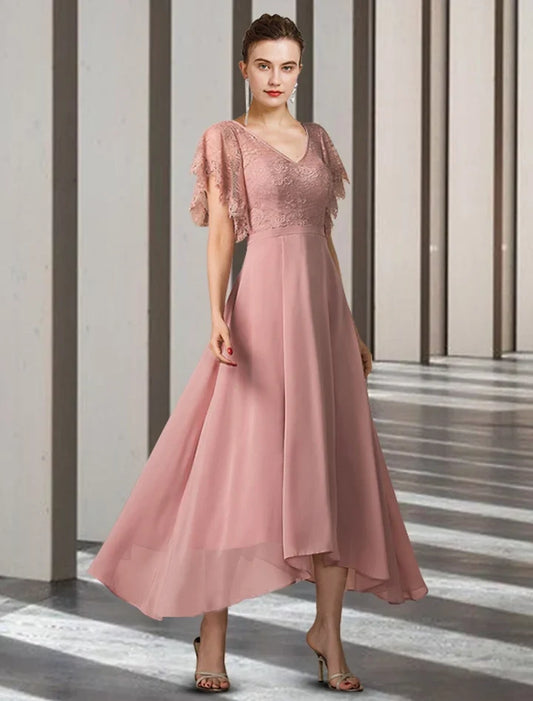 Elegant A-Line V-Neck Short Sleeve Lace Bodice Chiffon Tea-Length Mother of the Bride Dress