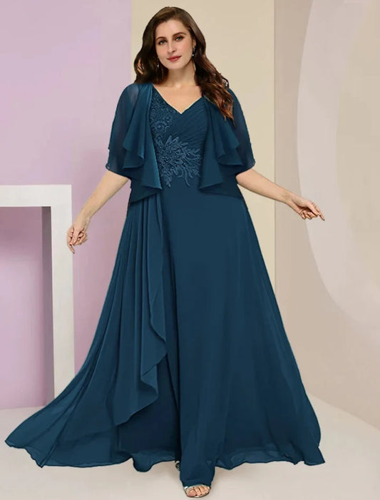 Elegant A-Line V-Neck Short Sleeve Ruched Embroidered Chiffon Floor-Length Mother of the Bride Dress