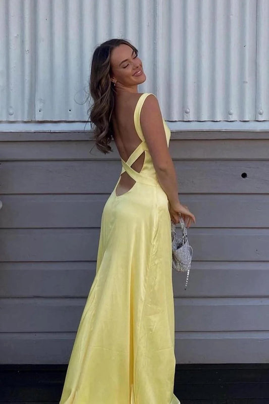 Elegant A-Line V-Neck Sleeveless Criss-Cross Back Satin Daffodil Floor-Length Prom Dress