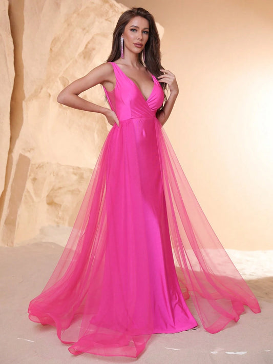 Elegant A-Line V-Neck Sleeveless Fuchsia Tulle Satin Floor-Length Prom Dress