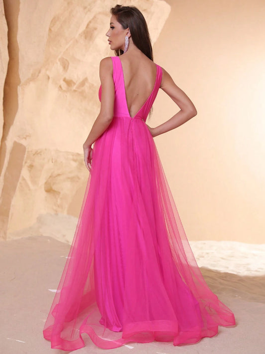Elegant A-Line V-Neck Sleeveless Fuchsia Tulle Satin Floor-Length Prom Dress
