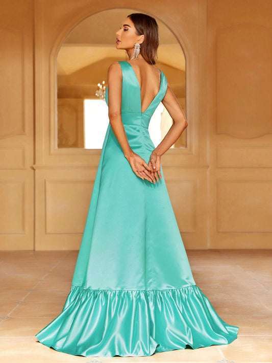 Elegant A-Line V-Neck Sleeveless High Slit Ruffled Satin Caribbean Floor-Length Prom Dress