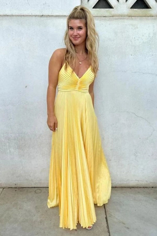 Elegant A-Line V-Neck Sleeveless Pleated Backless Chiffon Daffodil Floor-Length Prom Dress