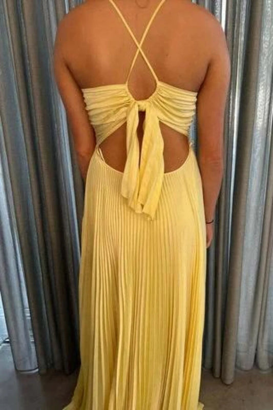 Elegant A-Line V-Neck Sleeveless Pleated Backless Chiffon Daffodil Floor-Length Prom Dress