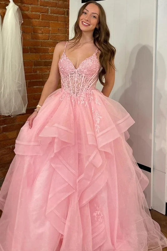 Elegant A-Line V-Neck Sleeveless Pleated Ruffles Appliques Tulle Floor-Length Prom Dress