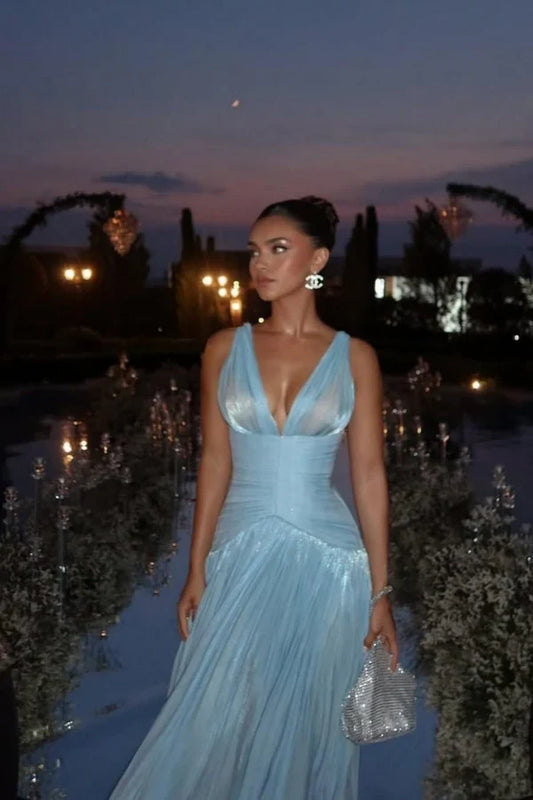 Elegant A-Line V-Neck Sleeveless Pleated Sky Blue Evening Dress With Slit